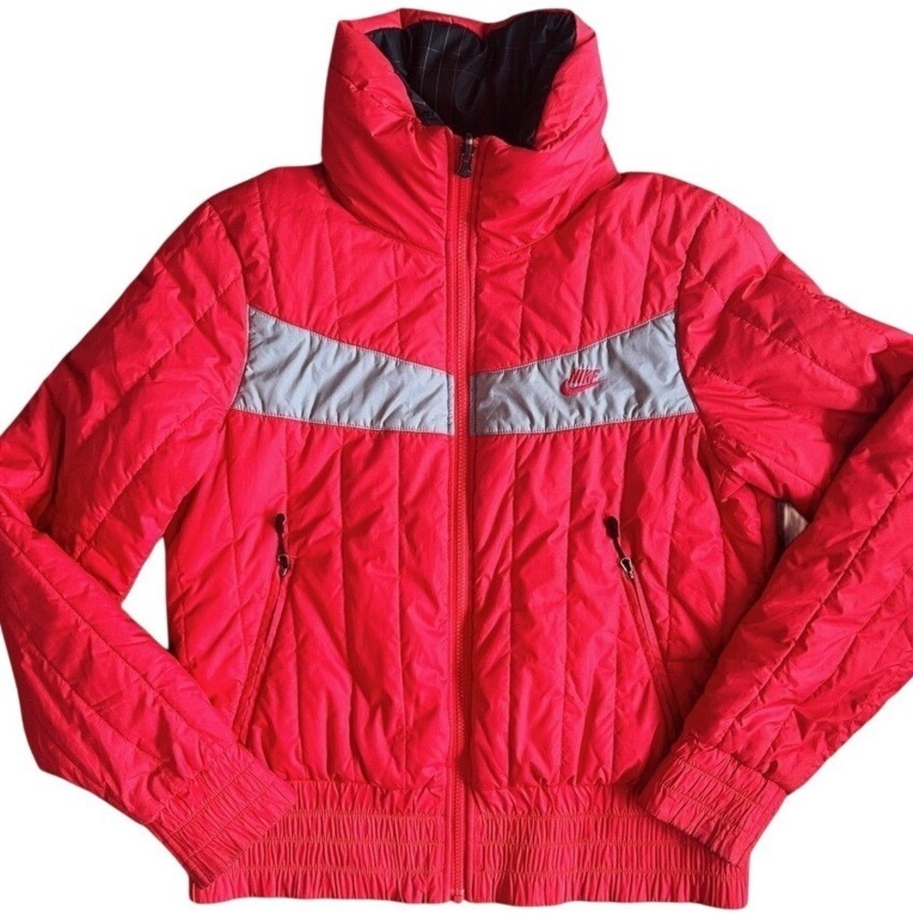 Nike Reversible Puffer Jacket Kids Large 12-14 Pink Black Plaid Windbreaker Zip‎